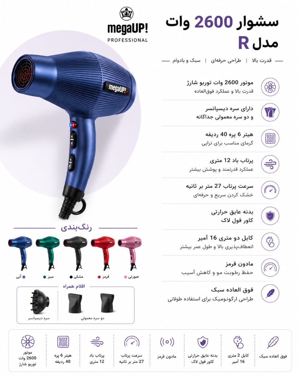 سشوار مگا آپ حرفه ای 2600 وات کد R رنگ سبز - تصویر 3